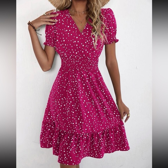 Boho polka dots puff sleeve A line dress - Picture 5 of 6